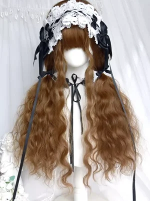 Lolita curly wig styled with black ribbon lace headband, coffee brown wavy hair with black long hanging ribbons and white lace trim detail