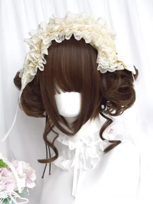 Sweet Lolita twin-bun wig front flat display showing beige ruffled lace headband styling with white mannequin and floral decoration