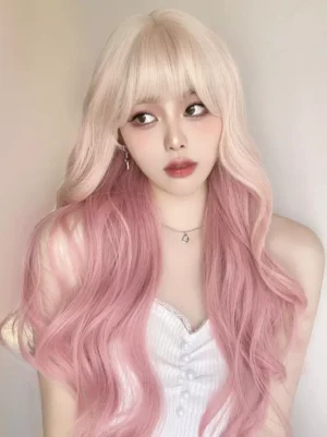 Sweet lolita wig pink blonde ombre loose waves flat bangs medium shot front portrait with accessories