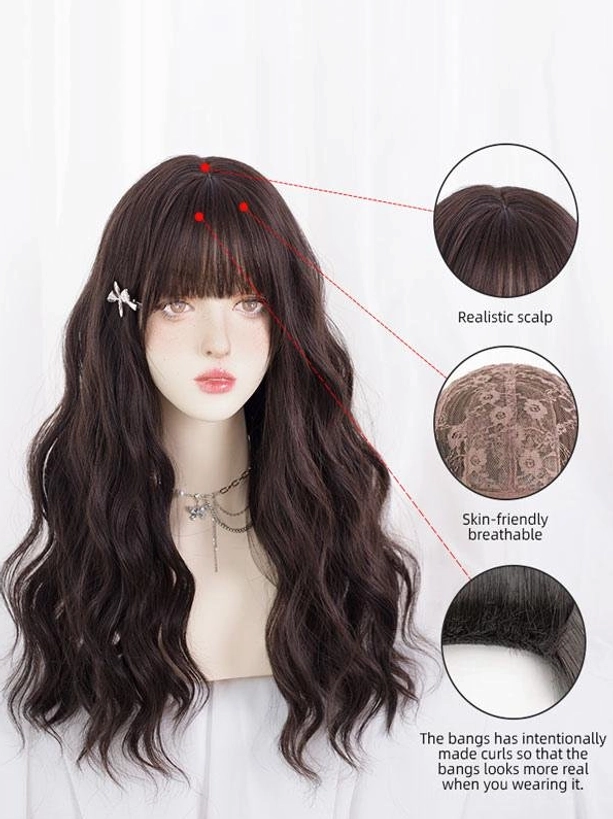 Lolita wig product features detailed view with labels, realistic scalp design, breathable lace base, styled bangs, half-body mannequin wearing coordinating jewelry accessories