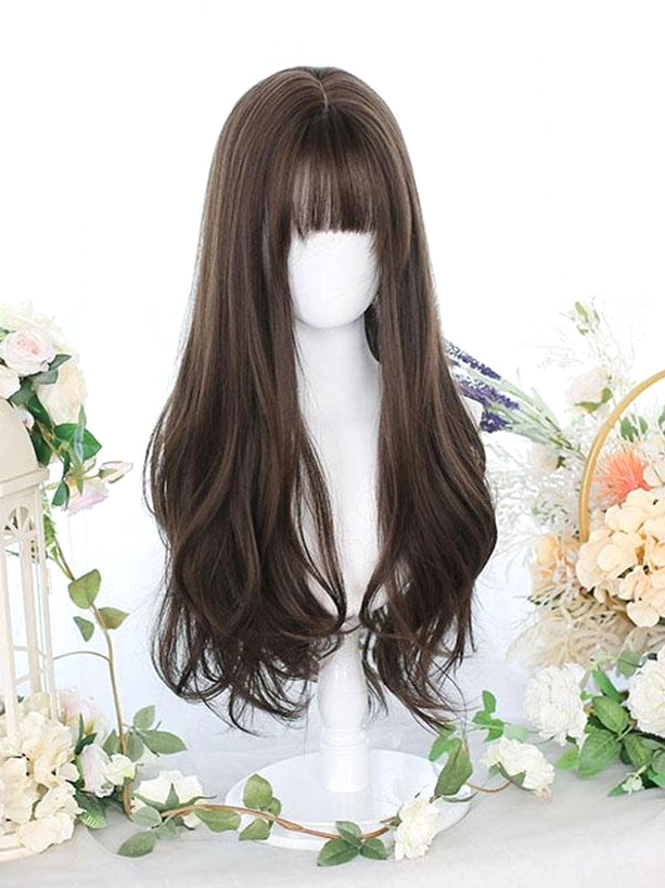 Tan-brown heat-resistant fiber lolita wig featuring straight flat bangs and natural wavy ends, three-quarter front angle on mannequin with floral background decoration