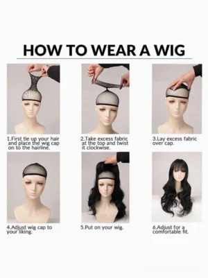 How to wear synthetic lolita wig step by step guide with 6 instructional steps showing proper placement and adjustment techniques