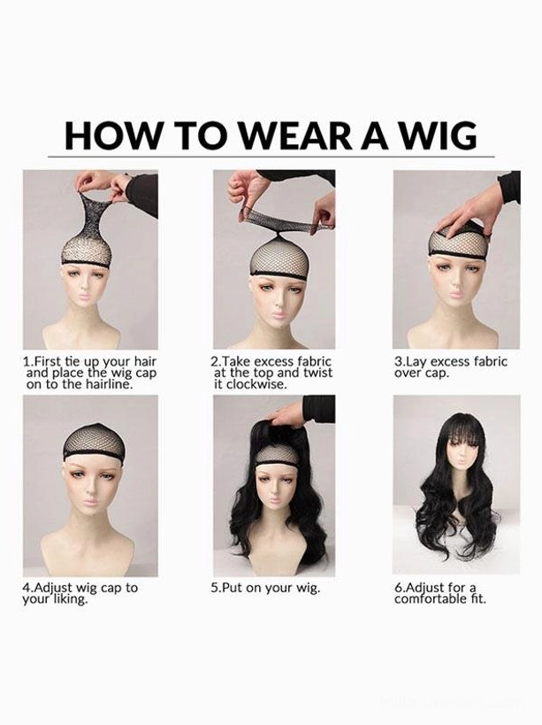 Six-step Lolita wig wearing tutorial guide, hands and mannequin demonstration, step-by-step instructions for proper wig placement and styling technique