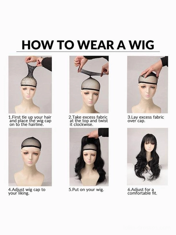 Step-by-step lolita wig wearing tutorial guide showing 6 sequential steps for putting on and adjusting the wig for proper fit and comfort