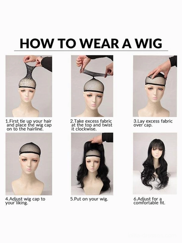 Six-step lolita wig wearing tutorial and fitting guide with mannequin head demonstration, instructional images for proper placement and securing techniques