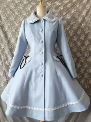 Light blue sweet lolita coat front display showing lace-trimmed doll collar, front button closure, black ribbon pocket detail, and lace hem trim