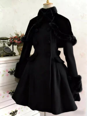 Black lolita winter overcoat with faux fur bow collar fitted waist double-breasted style sweet lolita fashion alternative dress vintage aesthetic front angle