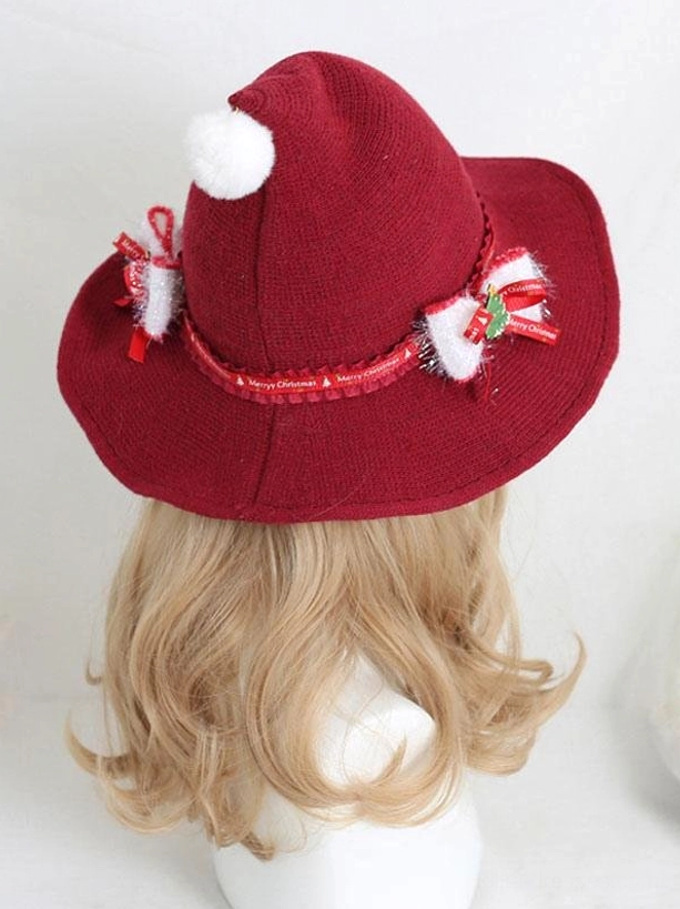 Lolita witch hat back view displaying wine red fabric small Christmas bows red ribbon trim white pom pom crown