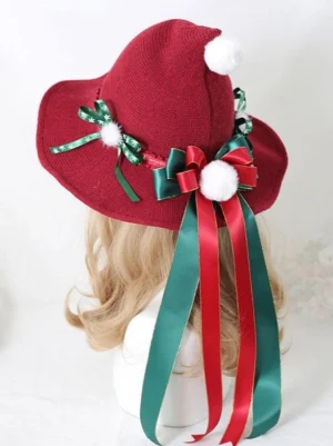 Lolita witch hat side rear angle showing green and red ribbon bows with long flowing ribbon streamers cascading down