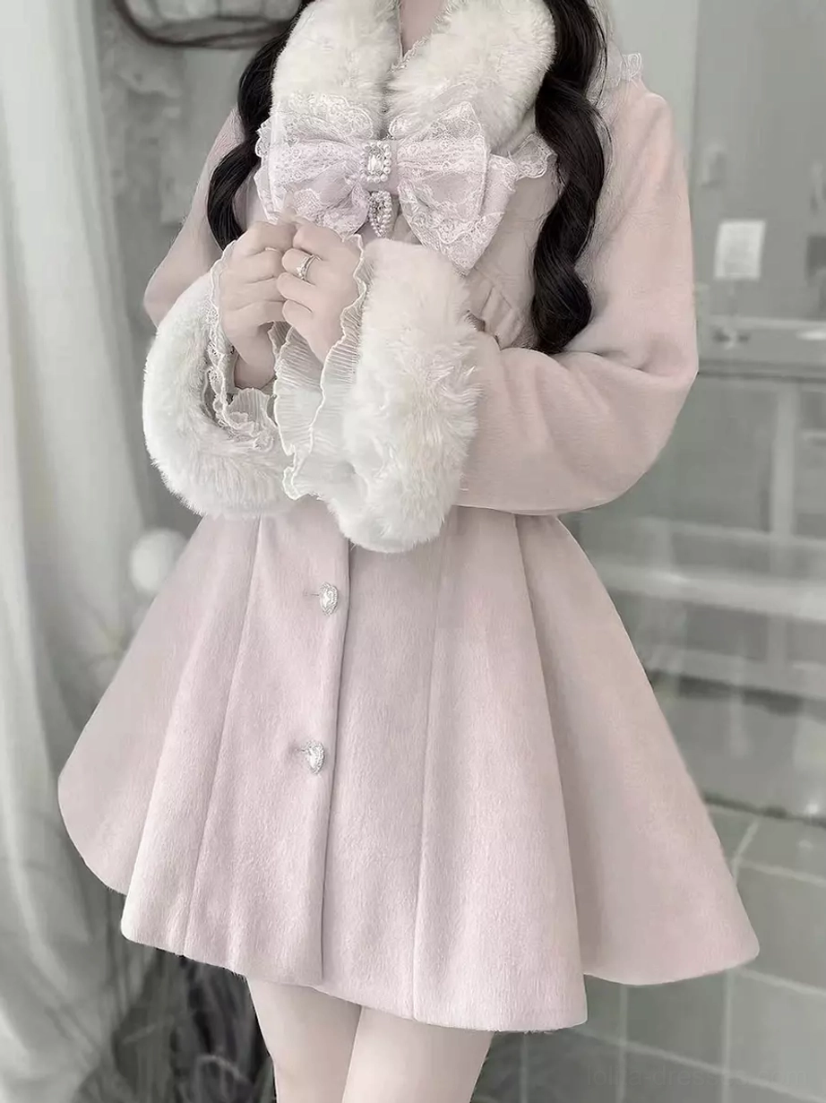 Lolita wool overcoat fabric and construction detail showing polyester uniform cloth quality, seaming, and structural elements of A-line design