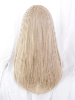 lolita long straight wig back view showing neat central parting and full length ash blonde synthetic hair - heat resistant fiber