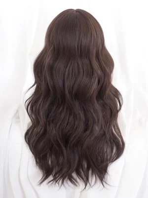 Long wavy brownish-black lolita wig back view - loose wave texture and volume perfect for lolita coordinates