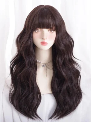 Long wavy brownish-black lolita wig front view with neat straight bangs - sweet lolita style synthetic hair accessory on mannequin head with layered necklaces