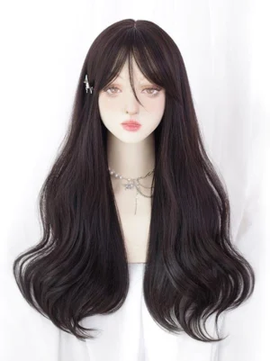 Long wavy dark brown sweet lolita wig front view mannequin wearing wig with decorative jewelry and hair accessories