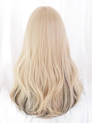 Long wavy synthetic lolita wig back view showing loose wave texture and black-tipped hair ends heat-resistant fiber sweet lolita