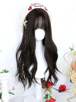 Long wavy lolita heat-resistant fiber wig in tan-brown color with air bangs, front facing view on mannequin head, paired with embroidered letter beret and decorative hair accessory
