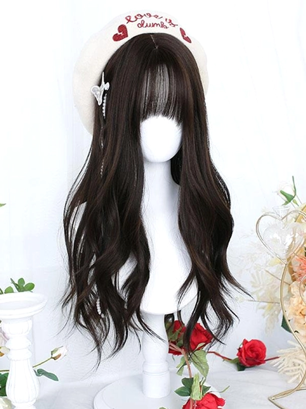 Long wavy lolita heat-resistant fiber wig in tan-brown color with air bangs, front facing view on mannequin head, paired with embroidered letter beret and decorative hair accessory