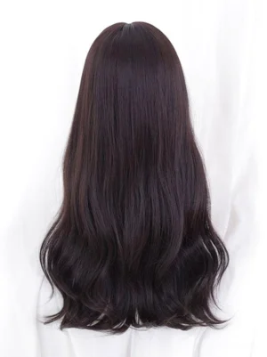 Long wavy synthetic lolita wig back view showing seamless hairline natural wavy texture and length