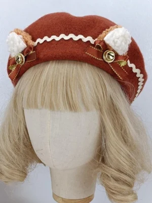 Reddish brown lolita headdress with fluffy white cat ears front three-quarter angle detail