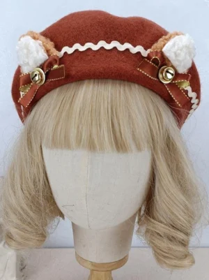 Mahogany rococo lolita cat-ear beret with bell bows and ricrac trim front view on mannequin