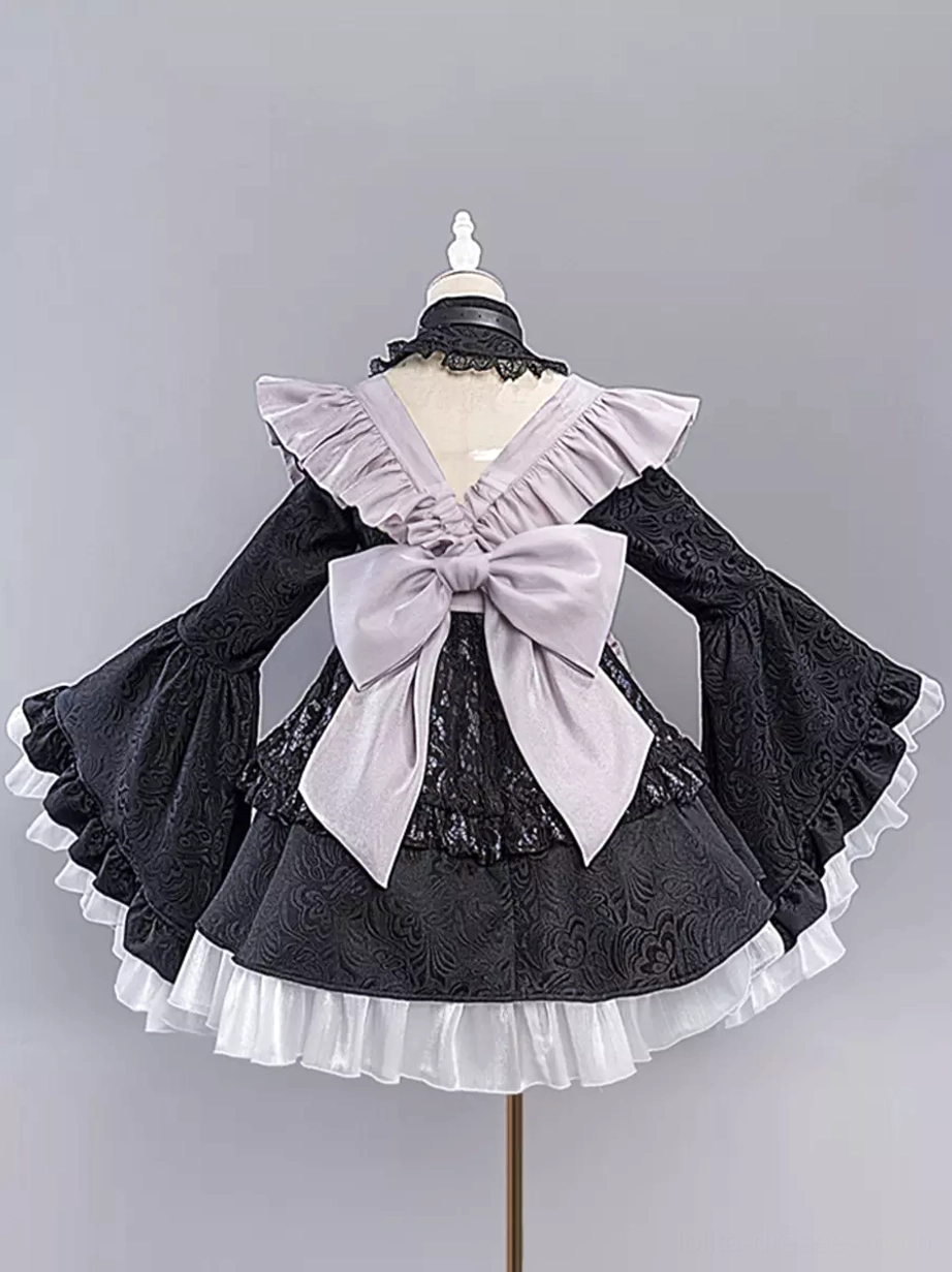 Maid gothic lolita dress back mannequin view oversized back bow layered ruffled hem bell sleeves