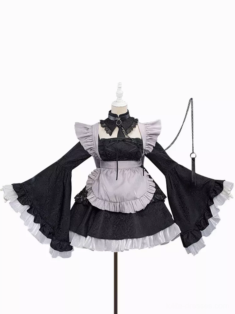Maid gothic lolita dress mannequin display O-ring collar jacquard fabric ruffled skirt hem