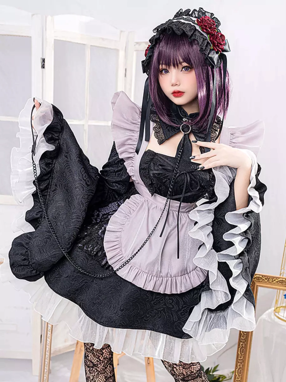 Maid gothic lolita dress ruffled bell sleeves close-up rose hair accessory chain apron decoration