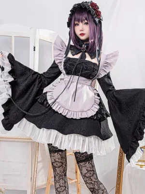 Maid gothic lolita dress set front view with color block jacquard fabric purple hair female model