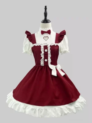 Maid lolita cosplay dress front straight view puffed ruffled sleeves heart cutout detailed knee-length skirt