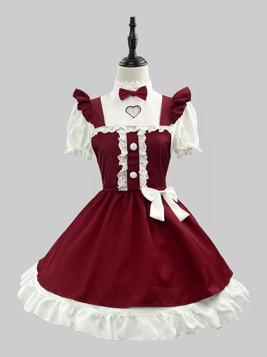 Maid lolita cosplay dress front straight view puffed ruffled sleeves heart cutout detailed knee-length skirt