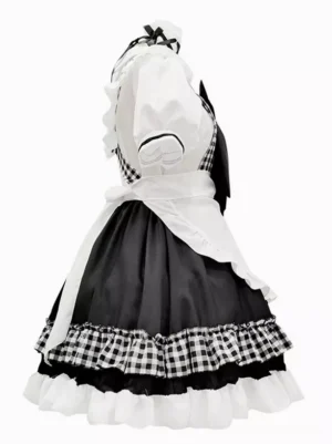 Black and white checkered maid Lolita costume back view showing crisscross back straps layered plaid skirt trim and ruffled hem details