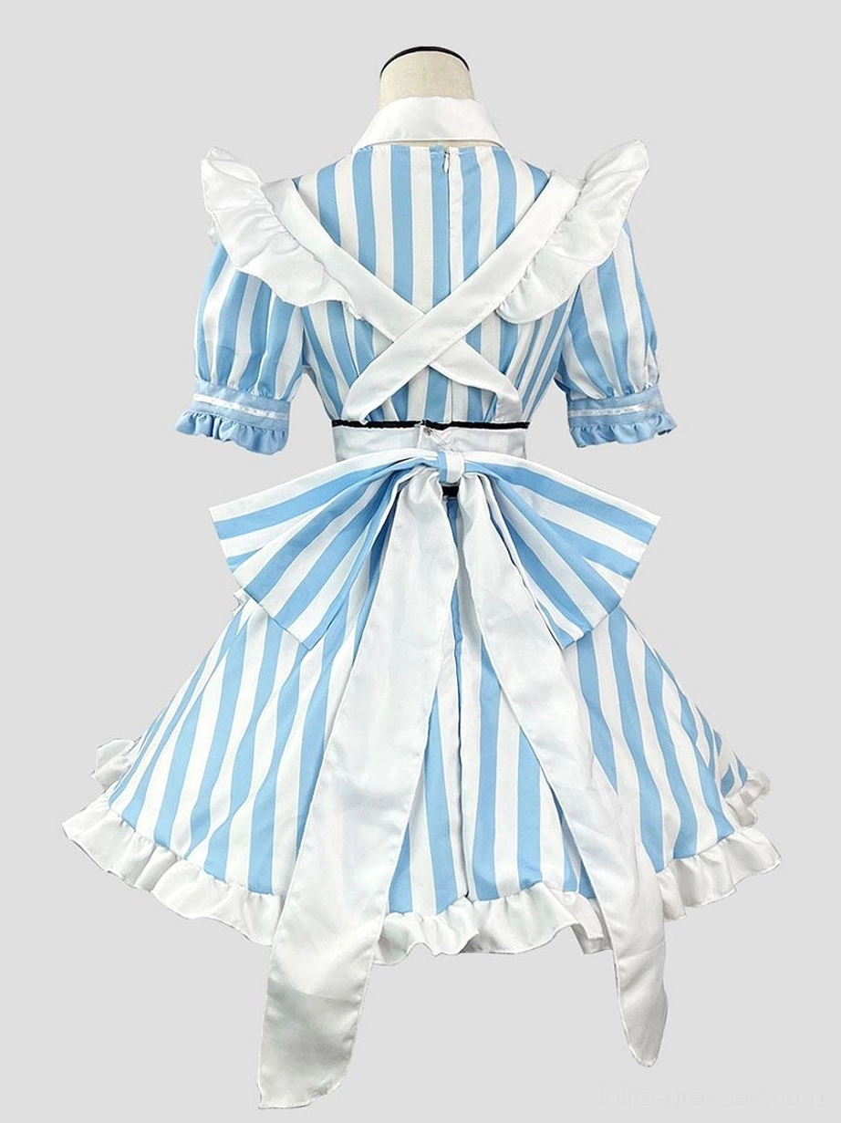 Back view of maid lolita dress displaying cross back straps large decorative back bow and ruffled skirt hem on blue and white striped fabric