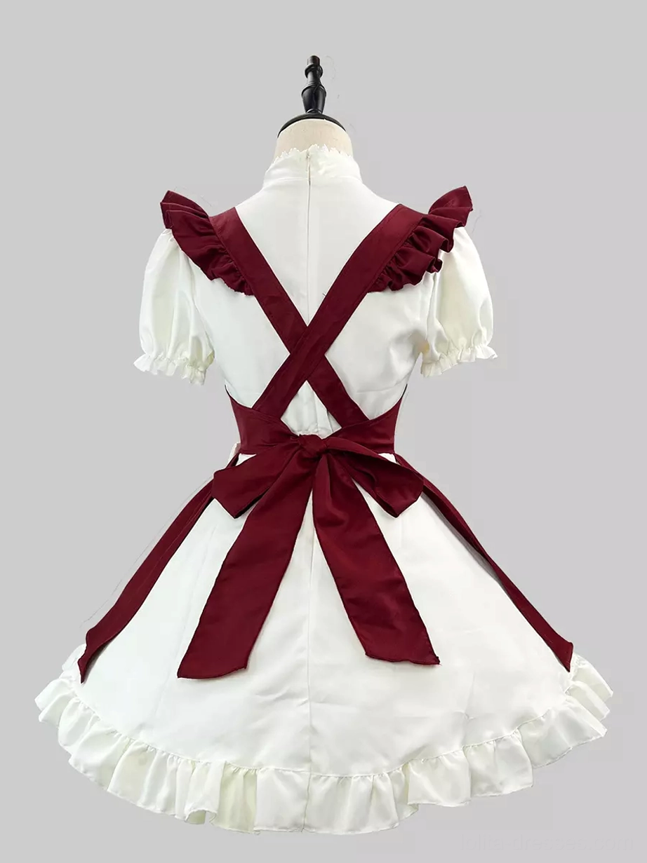 Maid lolita dress back view cross-back straps white panel large waist bow cascading ruffled skirt hem