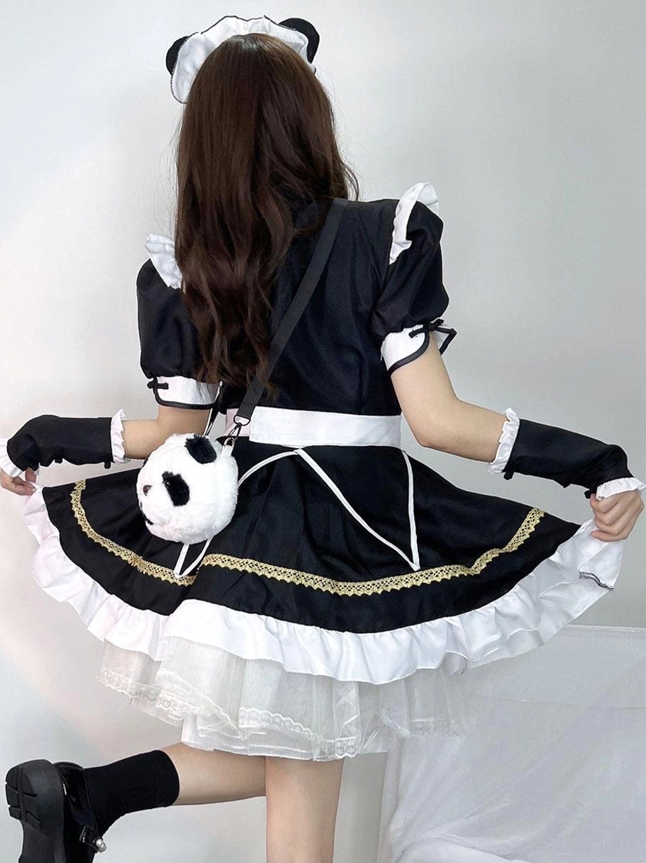 Maid lolita dress back view with white decorative waist straps ruffled skirt matching gloves - rear cosplay angle