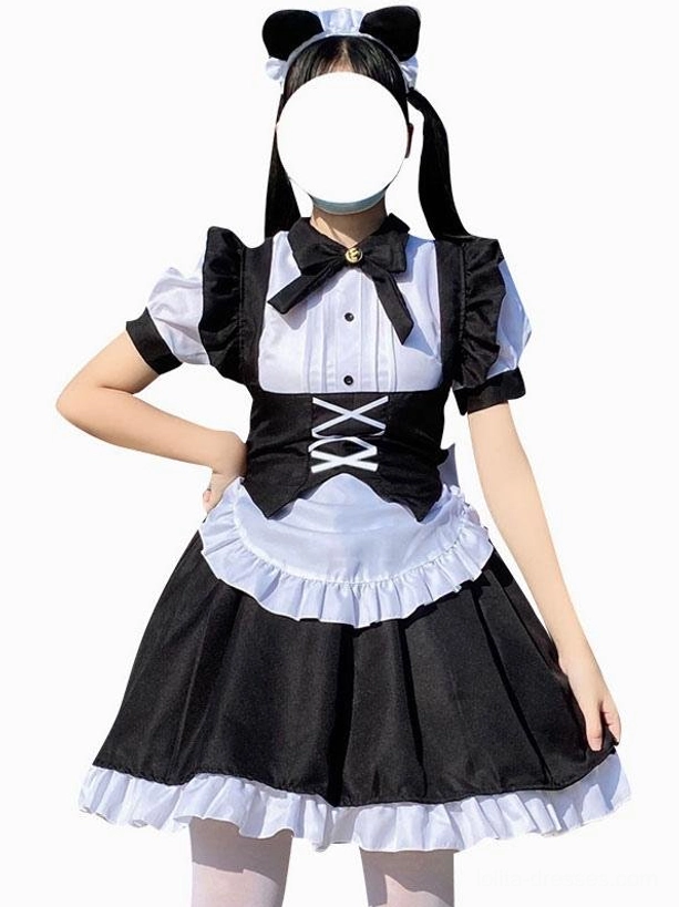 Maid cosplay lolita dress half-body front view on faceless cat ear model against pure white background, showing hand on hip pose, short puff sleeves, and clean silhouette