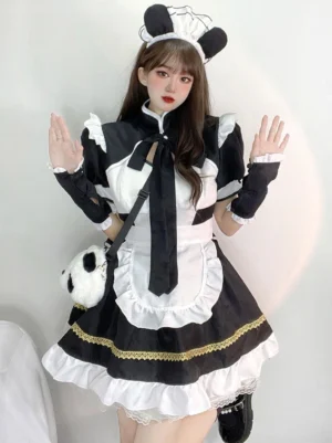 Black maid lolita dress with panda ear headband and white ruffled apron front view - sweet lolita costume dress