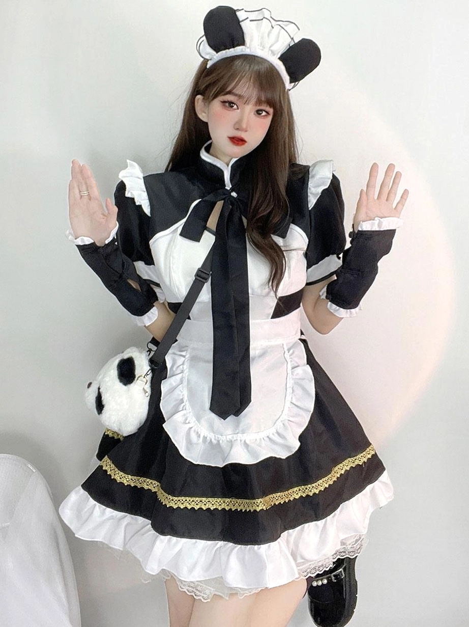 Black maid lolita dress with panda ear headband and white ruffled apron front view - sweet lolita costume dress
