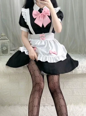 Maid lolita dress full length view fishnet stockings brick wall backdrop complete styling reference