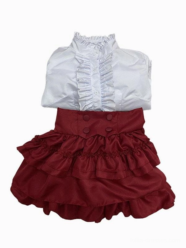 Separated maid lolita blouse and red buttoned waist piece showing ruffled stand collar, long puff sleeves with fitted cuffs, and Victorian blouse construction