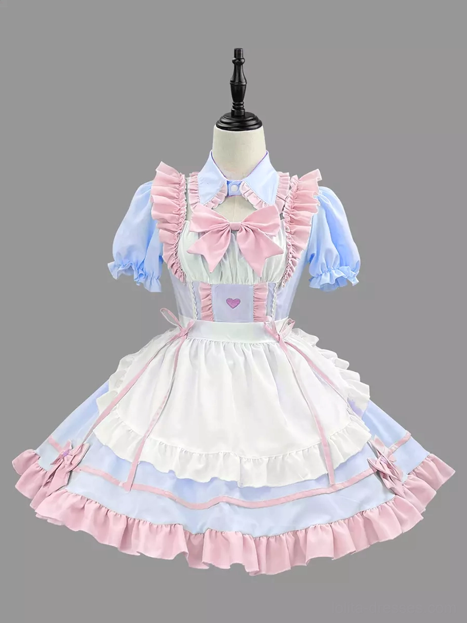 Blue pink maid Lolita dress front view with pink ruffled trims and large bow