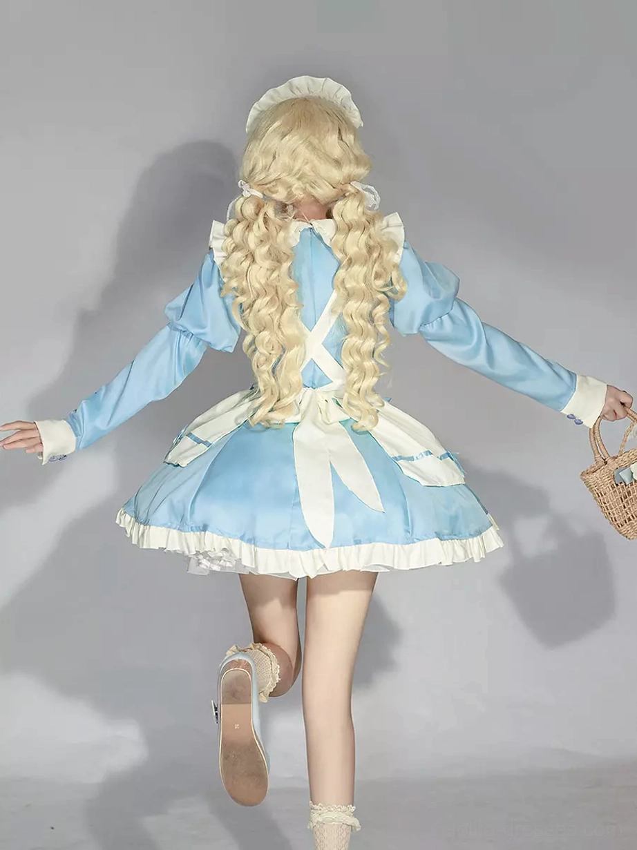 Back view of blue white maid lolita dress showing rear ruffle details and long puff sleeves