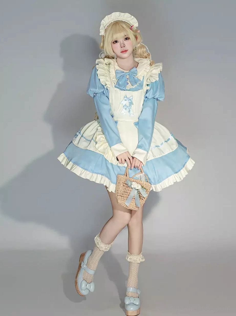 Maid lolita dress blue and white with long puff sleeves and layered ruffle apron worn by model