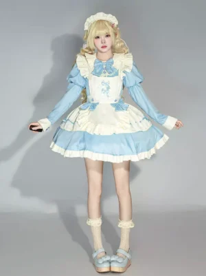 Blue and white maid lolita dress front view with puff sleeves and ruffle apron detail on blonde model