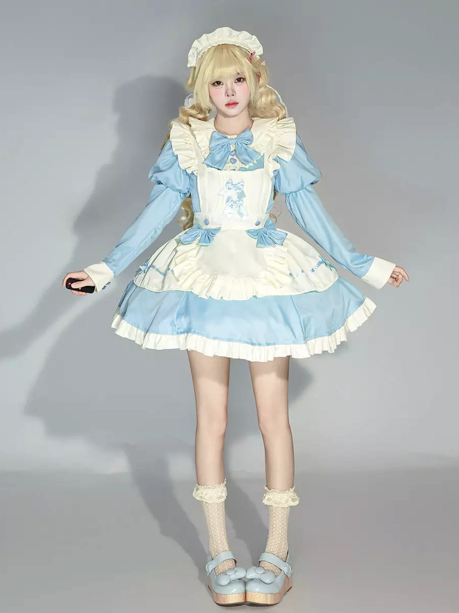 Blue and white maid lolita dress front view with puff sleeves and ruffle apron detail on blonde model