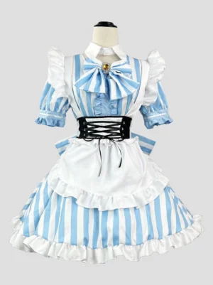 Front center view of blue and white vertical striped maid lolita dress on dress form featuring ruffled short sleeves and layered ruffled apron skirt