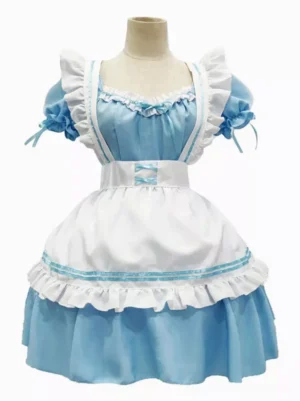 Maid lolita dress front flat lay view featuring blue and white color scheme with ruffled trims, short puff sleeves, and layered apron detail in sweet lolita style