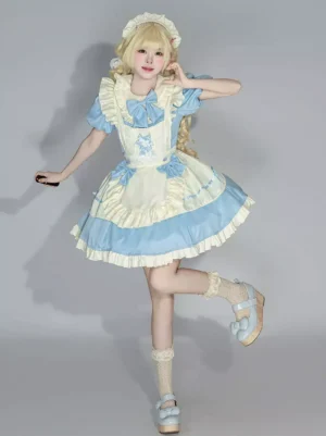 Three-quarter front angle of blue white maid dress with short puff sleeves and decorative front bow