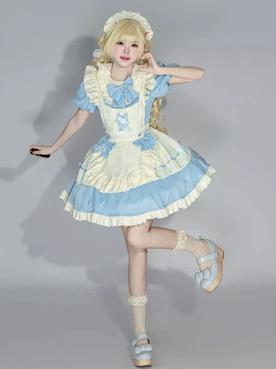 Three-quarter front angle of blue white maid dress with short puff sleeves and decorative front bow