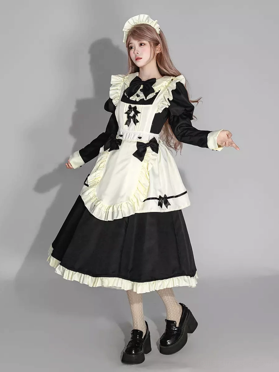 Maid lolita dress bodice and upper torso fit detail showing structured construction and sleeve attachment