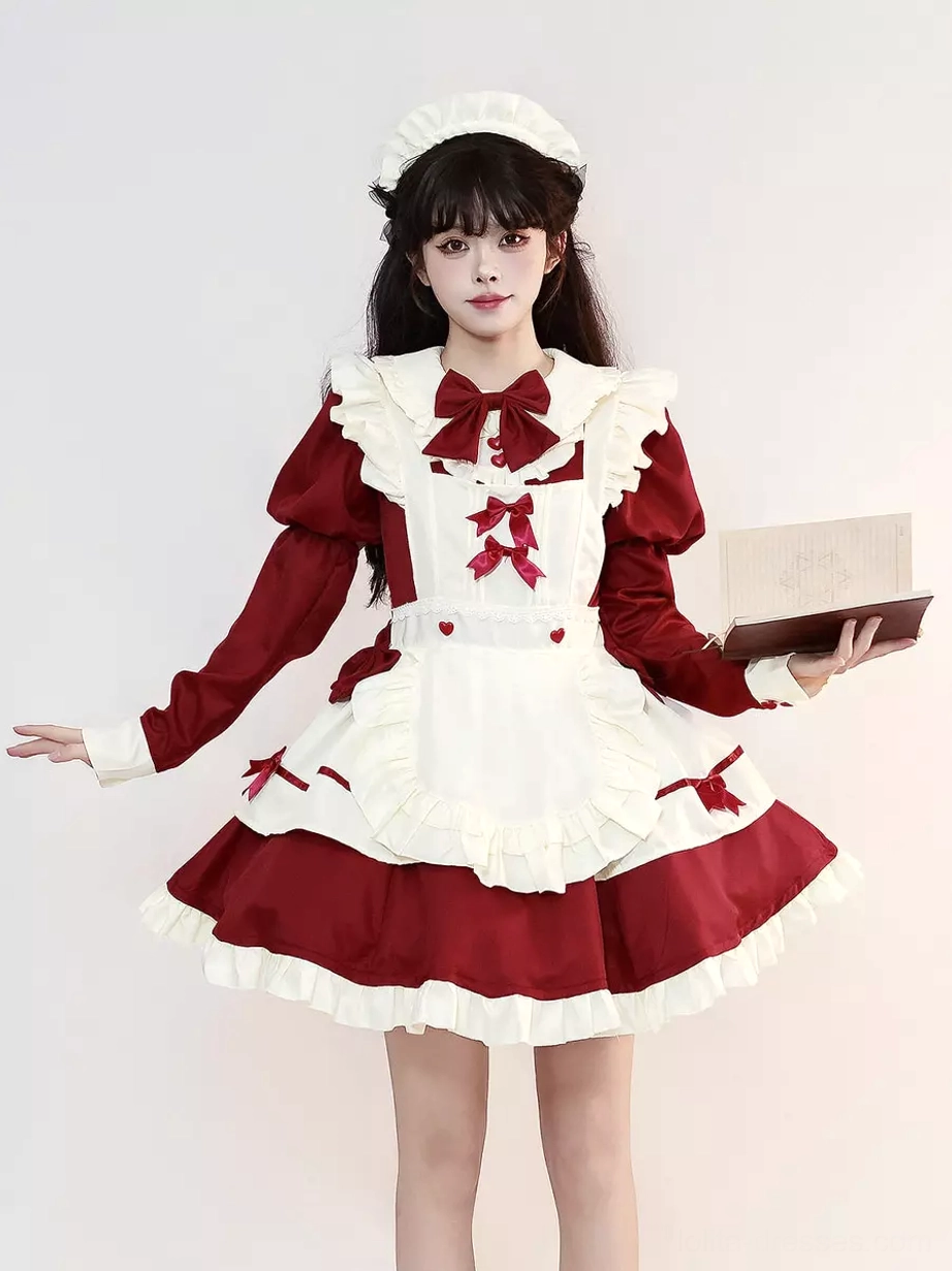 Maid lolita dress color comparison showing available blue-white and pink-white options
